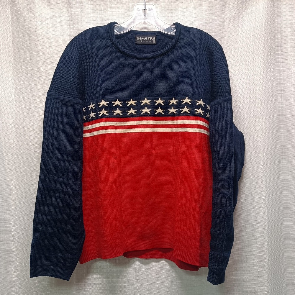 Vtg‎ Demetre Mens L Patriotic Re White Blue 100% Wool Ski Sweater Stars Stripes